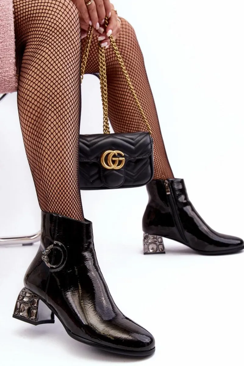 Botki Na Słupku|Botki Zimowe Damskie>Damskie buty S.Barski Lakierowane Damskie Botki Na Zdobionym Obcasie D&A MR870-93 Czarne