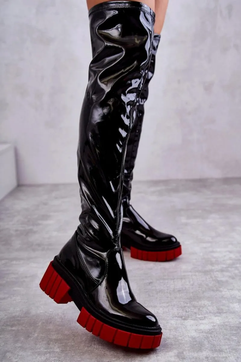 Muszkieterki|Kozaki Wiosenne>Boto Lakierowane Damskie Kozaki Za Kolano Czarne Callen