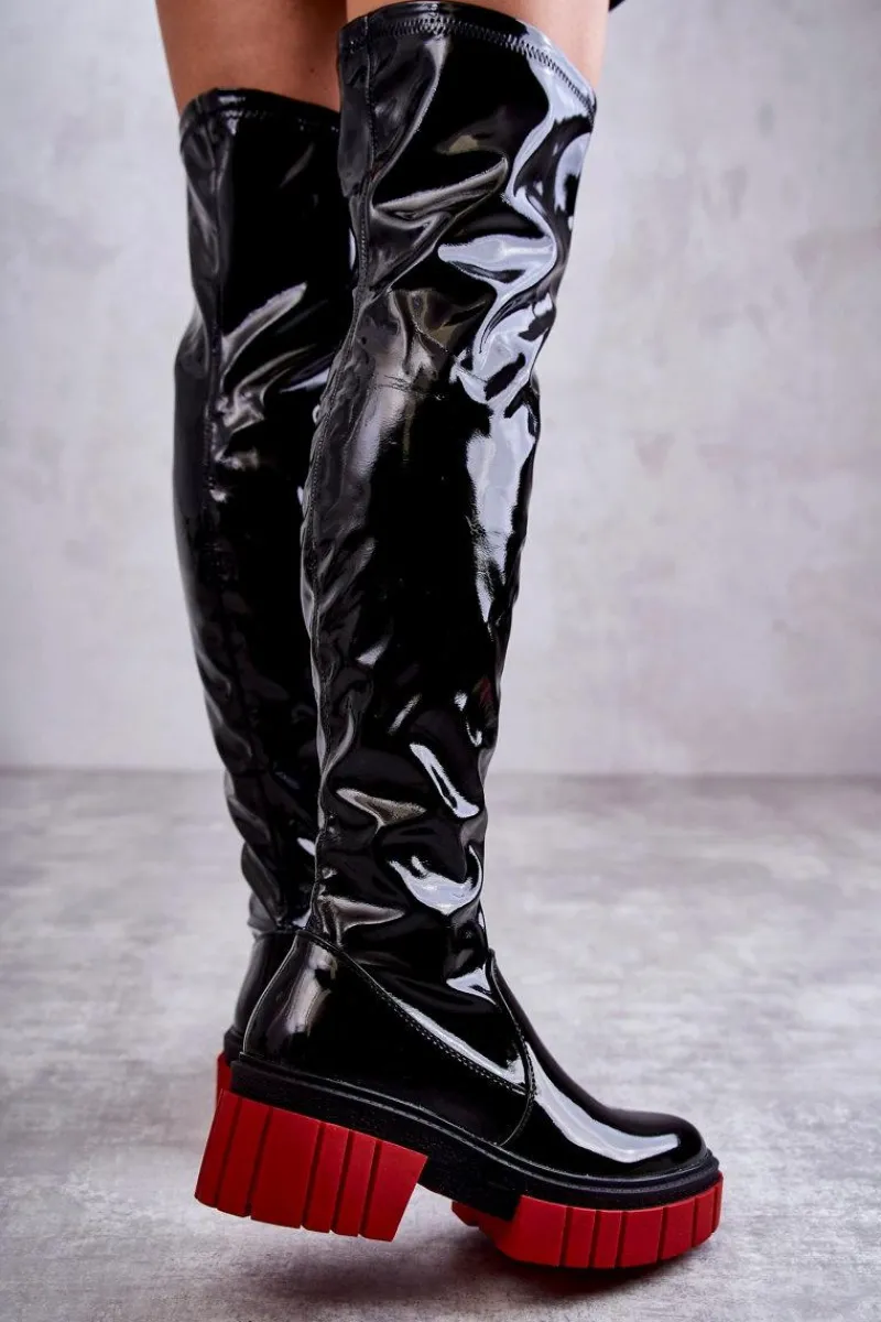 Muszkieterki|Kozaki Wiosenne>Boto Lakierowane Damskie Kozaki Za Kolano Czarne Callen