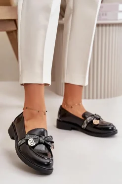 Loafersy Damskie|Mokasyny Płaskie>Damskie buty S.Barski Lakierowane Damskie Mokasyny Z Kokardą S.Barski HY42-331A Czarne Czarny