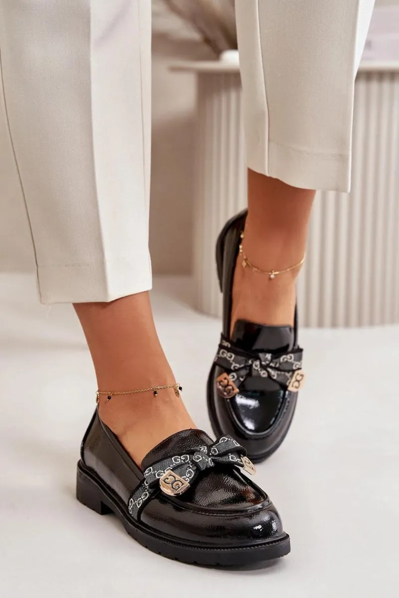 Loafersy Damskie|Mokasyny Płaskie>Damskie buty S.Barski Lakierowane Damskie Mokasyny Z Kokardą S.Barski HY42-331A Czarne Czarny
