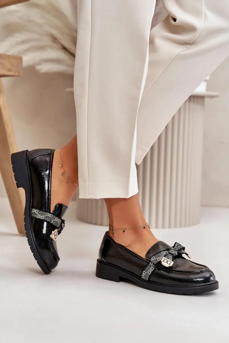 Loafersy Damskie|Mokasyny Płaskie>Damskie buty S.Barski Lakierowane Damskie Mokasyny Z Kokardą S.Barski HY42-331A Czarne Czarny