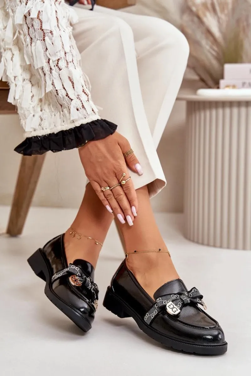 Loafersy Damskie|Mokasyny Płaskie>Damskie buty S.Barski Lakierowane Damskie Mokasyny Z Kokardą S.Barski HY42-331A Czarne Czarny