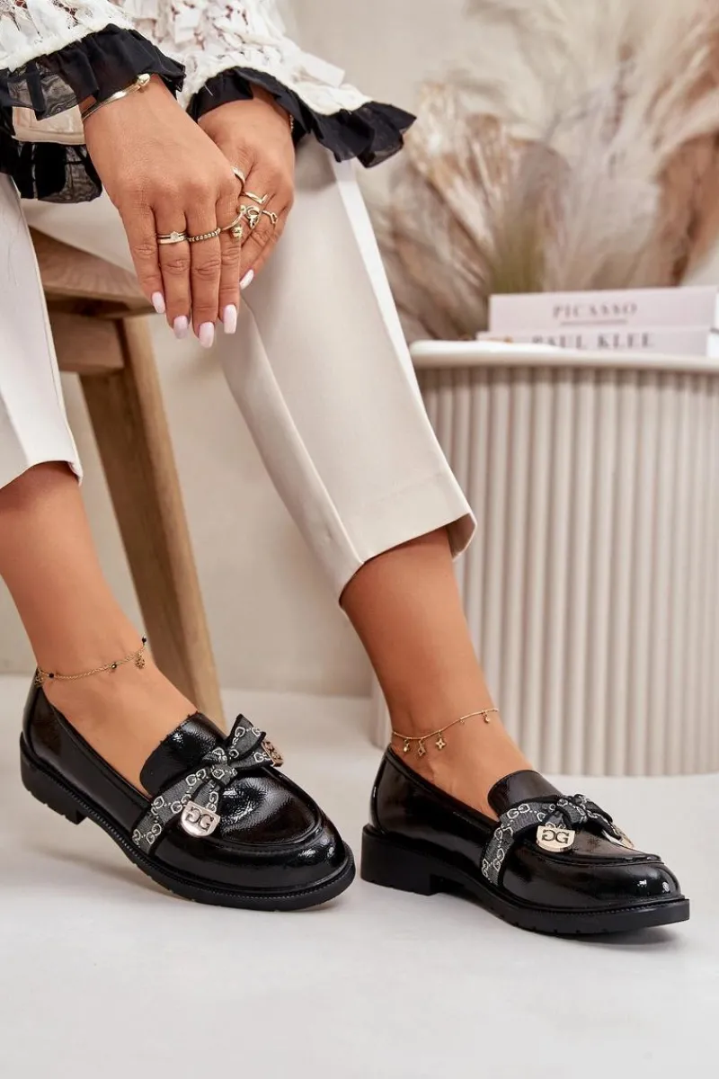 Loafersy Damskie|Mokasyny Płaskie>Damskie buty S.Barski Lakierowane Damskie Mokasyny Z Kokardą S.Barski HY42-331A Czarne Czarny