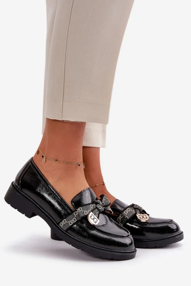 Loafersy Damskie|Mokasyny Płaskie>Damskie buty S.Barski Lakierowane Damskie Mokasyny Z Kokardą S.Barski HY42-331A Czarne Czarny
