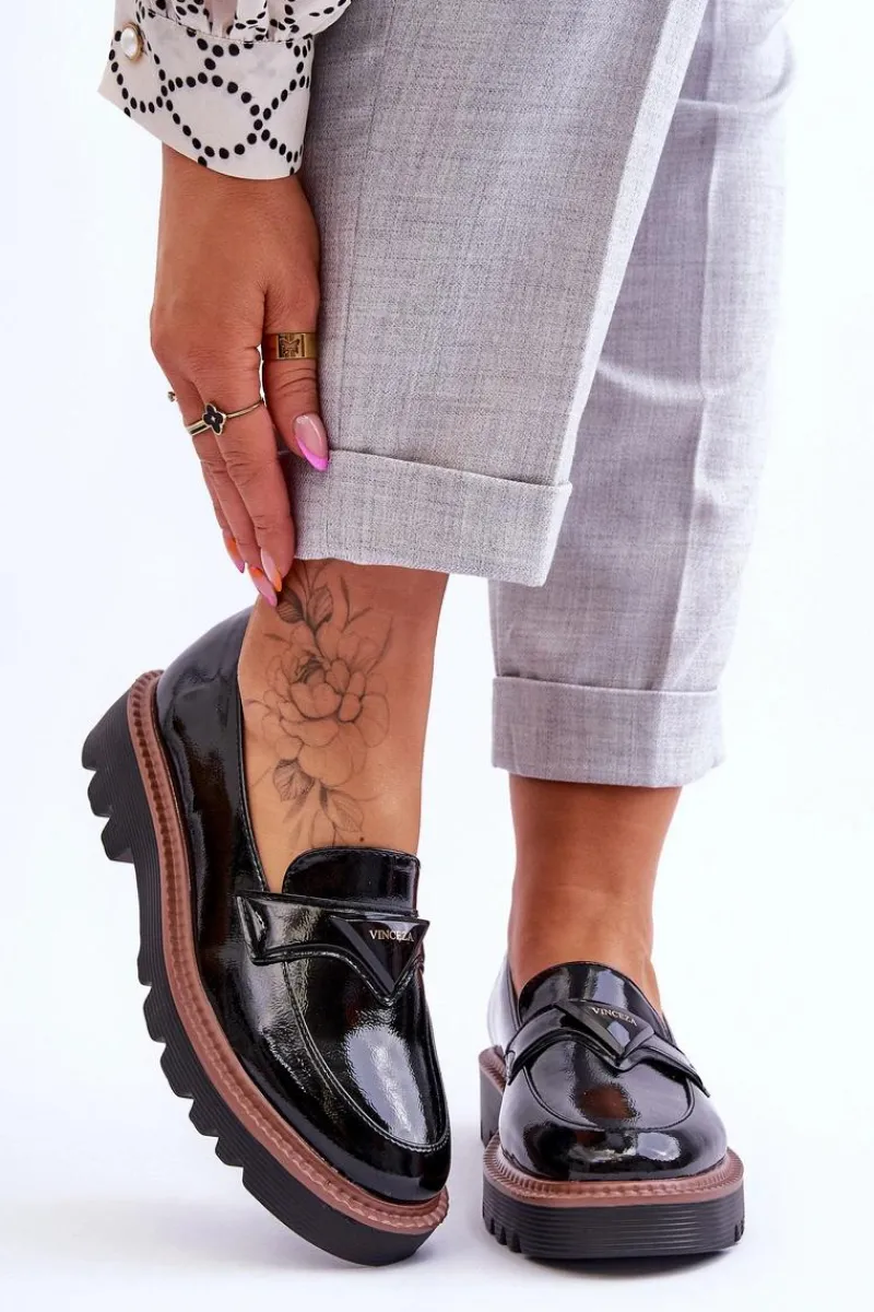 Buty damskie Vinceza Lakierowane Damskie Mokasyny Na Platformie Z Ozdobą Czarne Jonett