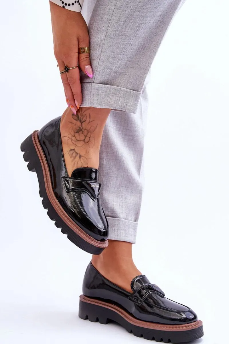 Buty damskie Vinceza Lakierowane Damskie Mokasyny Na Platformie Z Ozdobą Czarne Jonett