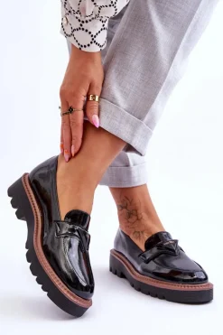 Buty damskie Vinceza Lakierowane Damskie Mokasyny Na Platformie Z Ozdobą Czarne Jonett