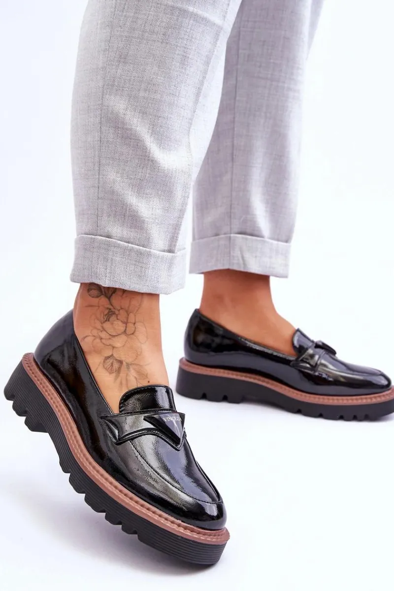 Buty damskie Vinceza Lakierowane Damskie Mokasyny Na Platformie Z Ozdobą Czarne Jonett