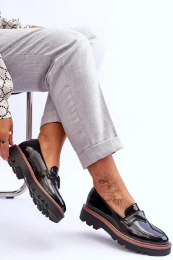 Buty damskie Vinceza Lakierowane Damskie Mokasyny Na Platformie Z Ozdobą Czarne Jonett