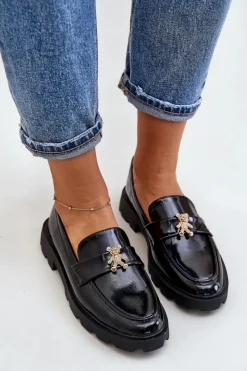 Clearance Boto Lakierowane Damskie Mokasyny Z Misiem Czarne Kaithra