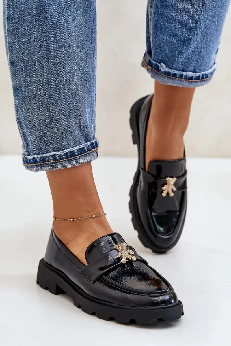 Clearance Boto Lakierowane Damskie Mokasyny Z Misiem Czarne Kaithra