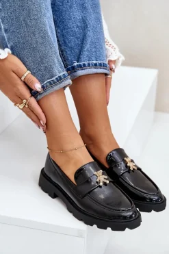 Clearance Boto Lakierowane Damskie Mokasyny Z Misiem Czarne Kaithra