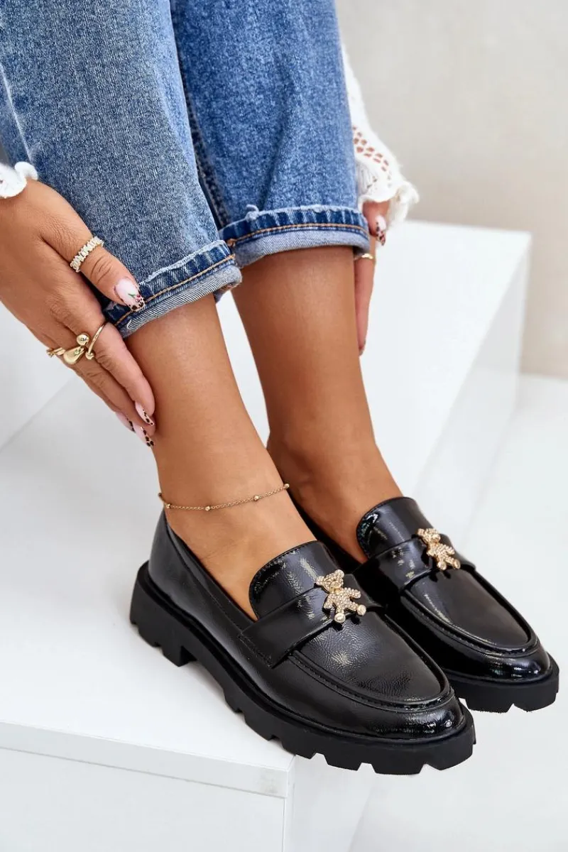 Clearance Boto Lakierowane Damskie Mokasyny Z Misiem Czarne Kaithra