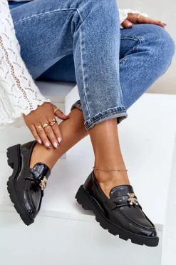 Clearance Boto Lakierowane Damskie Mokasyny Z Misiem Czarne Kaithra