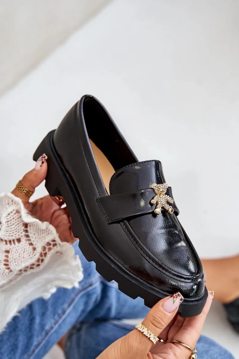 Clearance Boto Lakierowane Damskie Mokasyny Z Misiem Czarne Kaithra