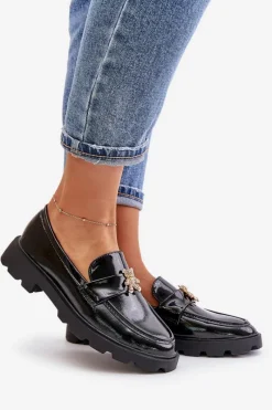Clearance Boto Lakierowane Damskie Mokasyny Z Misiem Czarne Kaithra