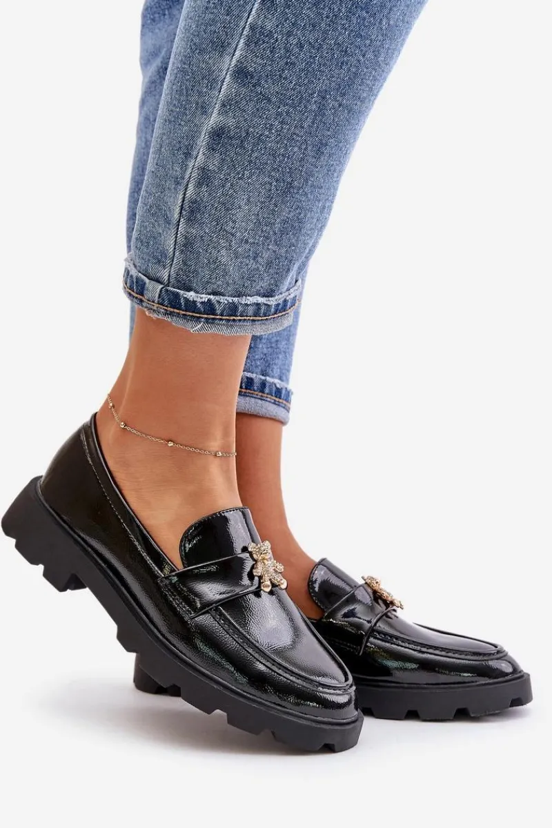 Clearance Boto Lakierowane Damskie Mokasyny Z Misiem Czarne Kaithra