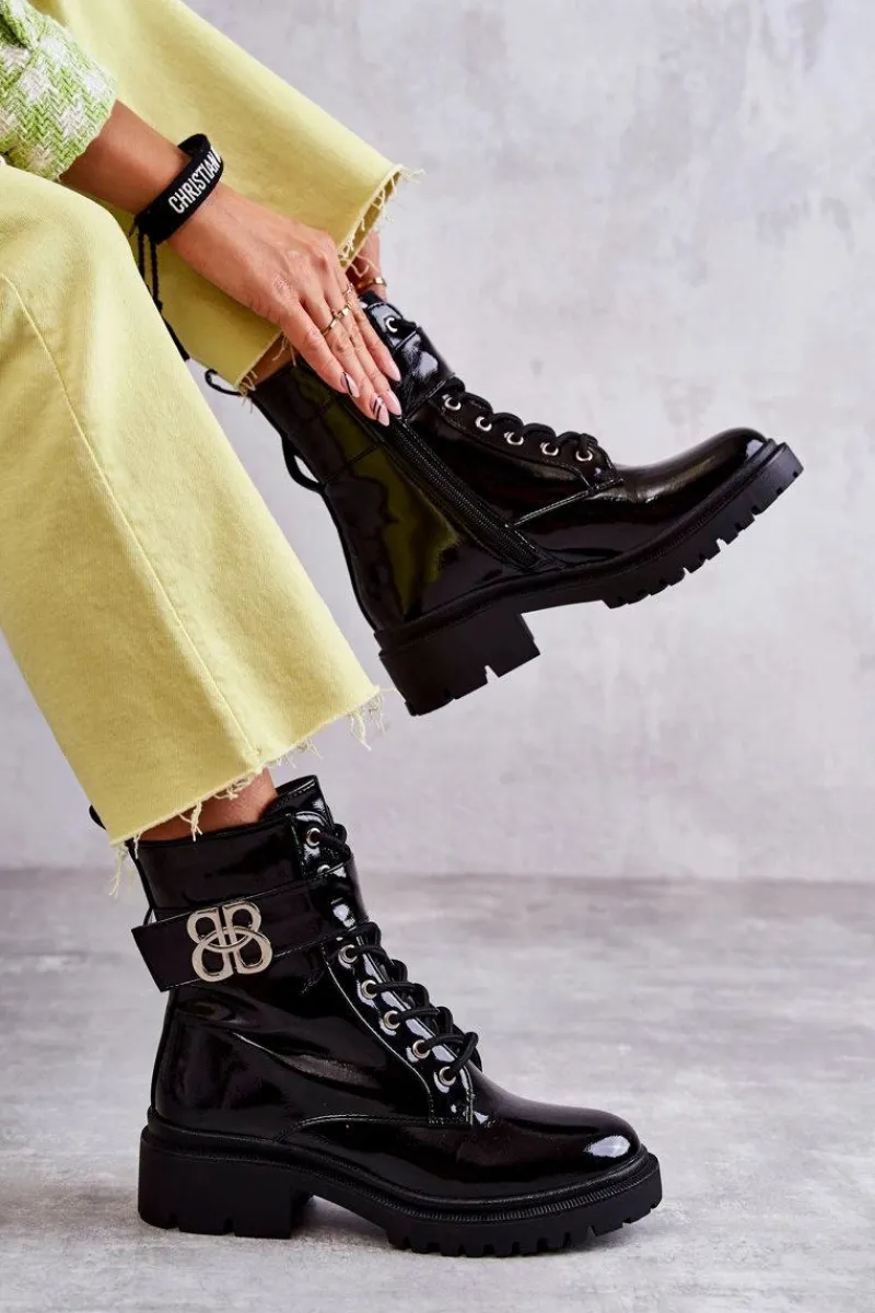 Sale Boto Lakierowane Damskie Ocieplane Botki Z Ozdobą Czarne Hayes