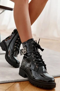 Sale Boto Lakierowane Damskie Ocieplane Botki Z Ozdobą Czarne Hayes