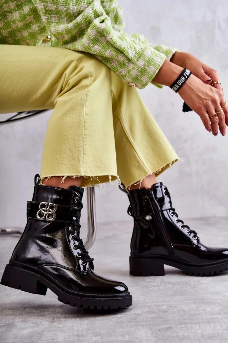 Sale Boto Lakierowane Damskie Ocieplane Botki Z Ozdobą Czarne Hayes