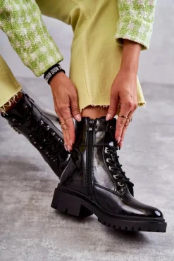 Sale Boto Lakierowane Damskie Ocieplane Botki Z Ozdobą Czarne Hayes