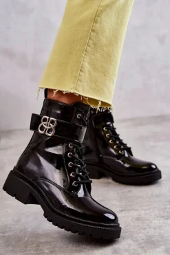 Sale Boto Lakierowane Damskie Ocieplane Botki Z Ozdobą Czarne Hayes