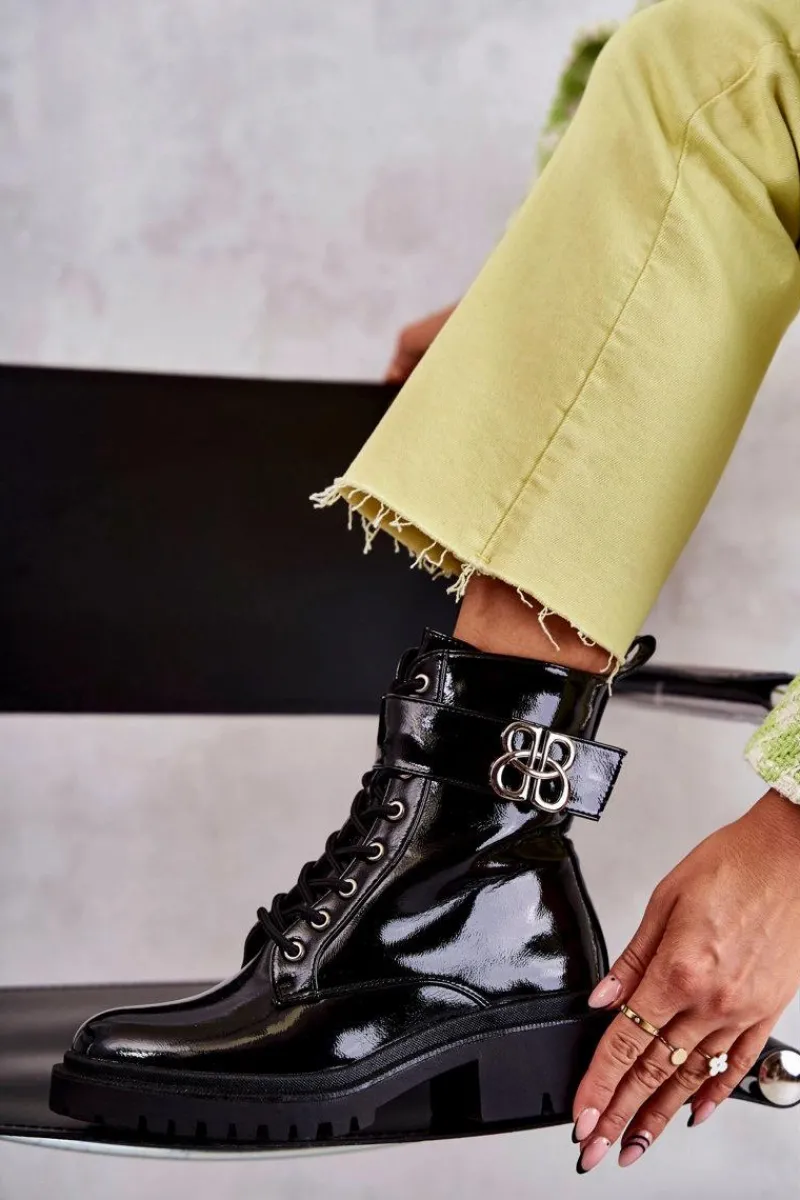 Sale Boto Lakierowane Damskie Ocieplane Botki Z Ozdobą Czarne Hayes