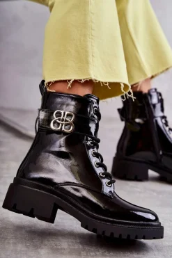 Sale Boto Lakierowane Damskie Ocieplane Botki Z Ozdobą Czarne Hayes