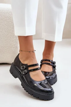 Lakierowane Damskie Półbuty Z Paskami Czarne Rialuna Damskie Półbuty Skórzane