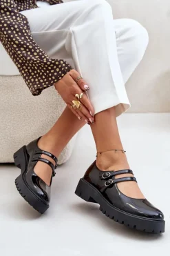 Lakierowane Damskie Półbuty Z Paskami Czarne Rialuna Damskie Półbuty Skórzane
