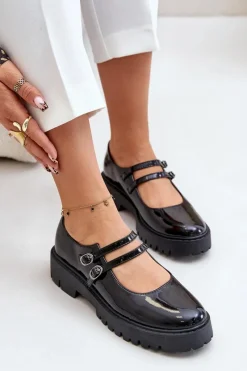Lakierowane Damskie Półbuty Z Paskami Czarne Rialuna Damskie Półbuty Skórzane