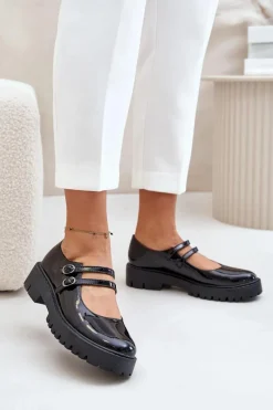 Lakierowane Damskie Półbuty Z Paskami Czarne Rialuna Damskie Półbuty Skórzane