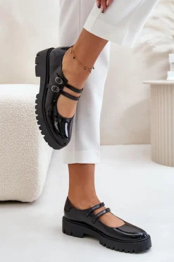 Lakierowane Damskie Półbuty Z Paskami Czarne Rialuna Damskie Półbuty Skórzane