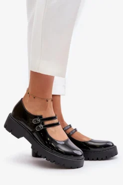 Lakierowane Damskie Półbuty Z Paskami Czarne Rialuna Damskie Półbuty Skórzane