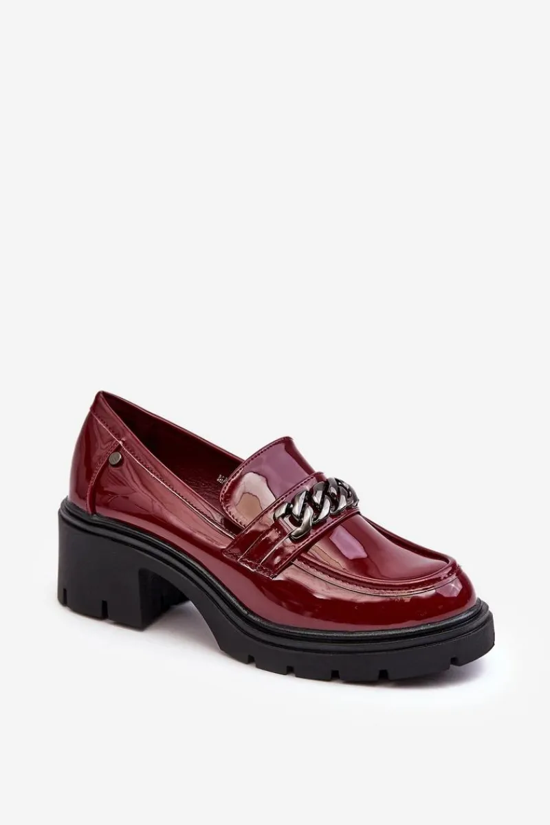 Hot Boto Lakierowane Damskie Półbuty Na Niskim Obcasie Bordowe Blimma