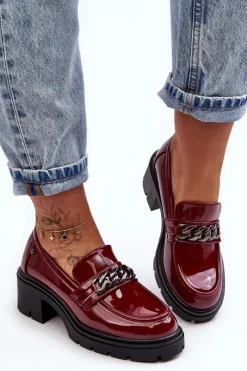 Hot Boto Lakierowane Damskie Półbuty Na Niskim Obcasie Bordowe Blimma