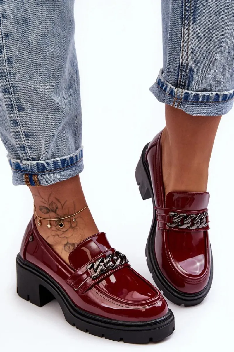 Hot Boto Lakierowane Damskie Półbuty Na Niskim Obcasie Bordowe Blimma