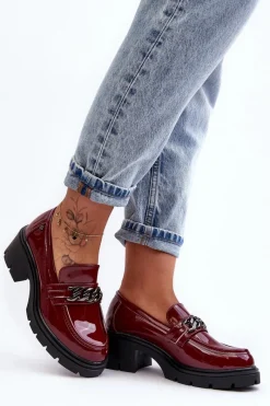 Hot Boto Lakierowane Damskie Półbuty Na Niskim Obcasie Bordowe Blimma