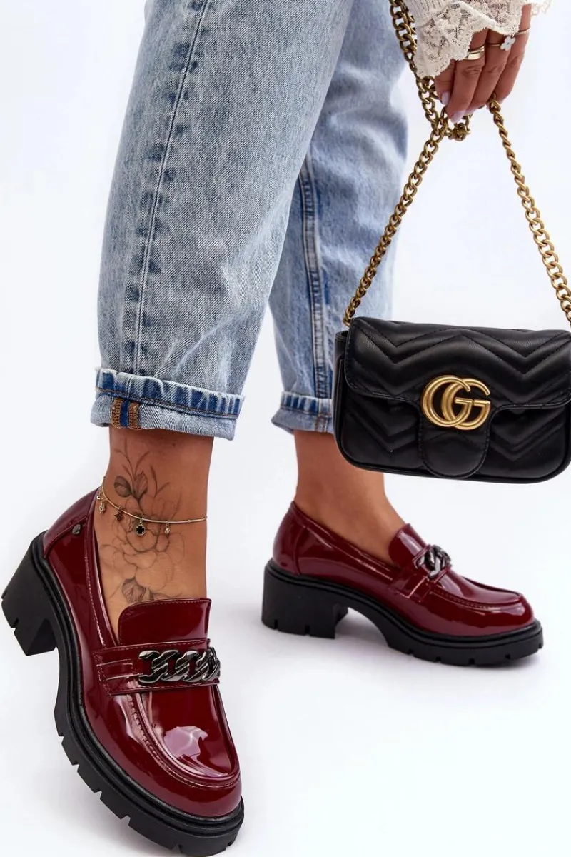 Hot Boto Lakierowane Damskie Półbuty Na Niskim Obcasie Bordowe Blimma