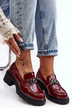 Hot Boto Lakierowane Damskie Półbuty Na Niskim Obcasie Bordowe Blimma