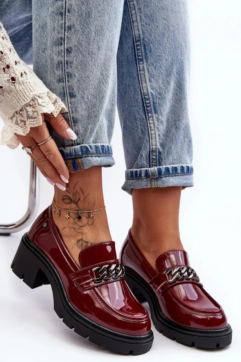 Hot Boto Lakierowane Damskie Półbuty Na Niskim Obcasie Bordowe Blimma