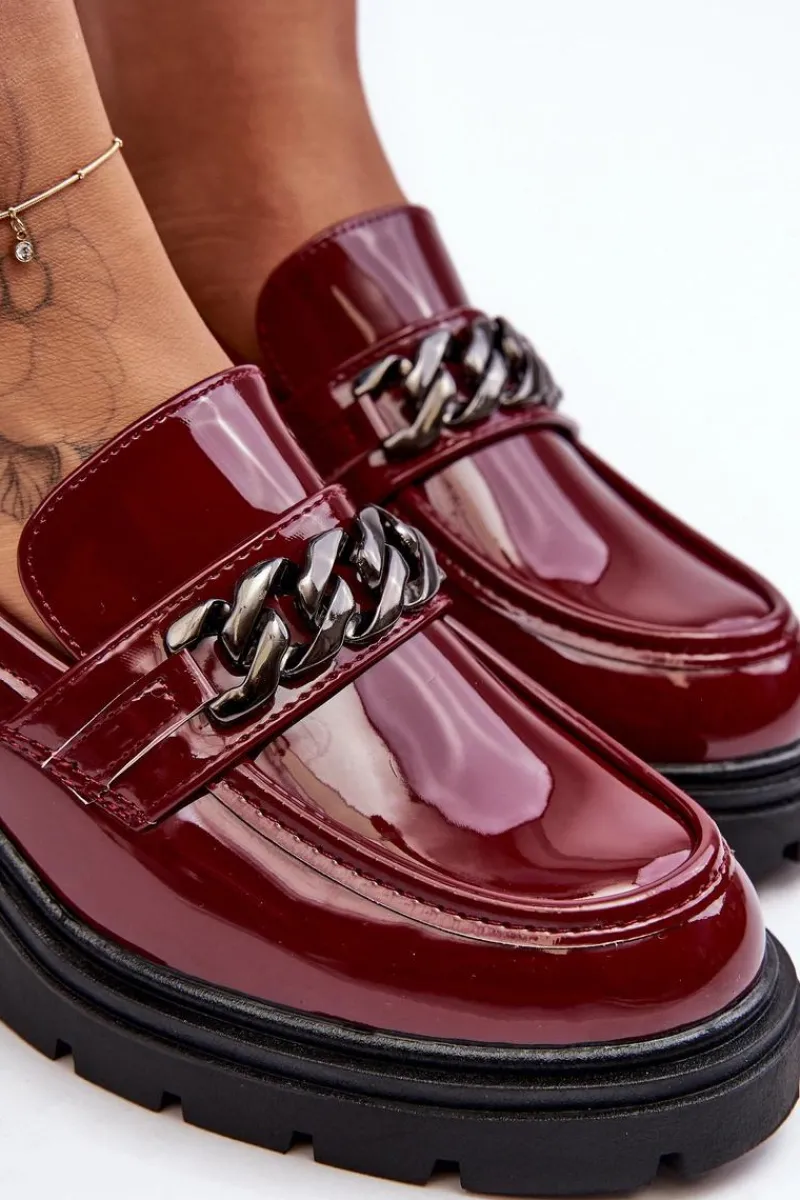 Hot Boto Lakierowane Damskie Półbuty Na Niskim Obcasie Bordowe Blimma