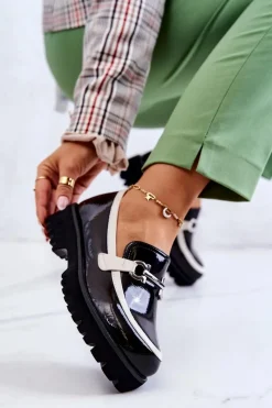 Półbuty Lakierowane>Damskie buty S.Barski Lakierowane Damskie Półbuty Loafery Czarno-Białe Cassida