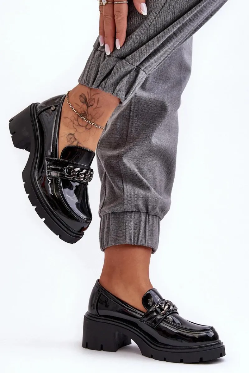 Mokasyny Damskie Lakierowane>Boto Lakierowane Damskie Półbuty Na Niskim Obcasie Czarne Blimma