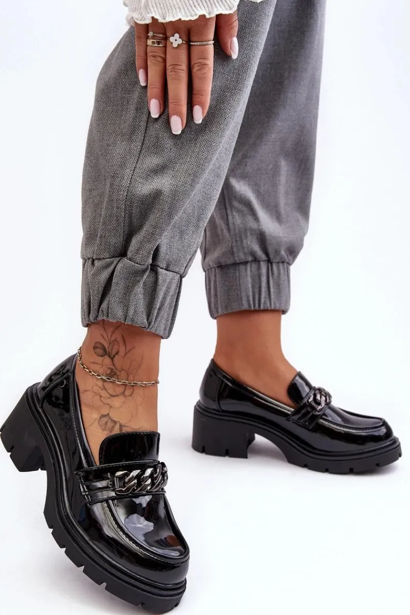 Mokasyny Damskie Lakierowane>Boto Lakierowane Damskie Półbuty Na Niskim Obcasie Czarne Blimma