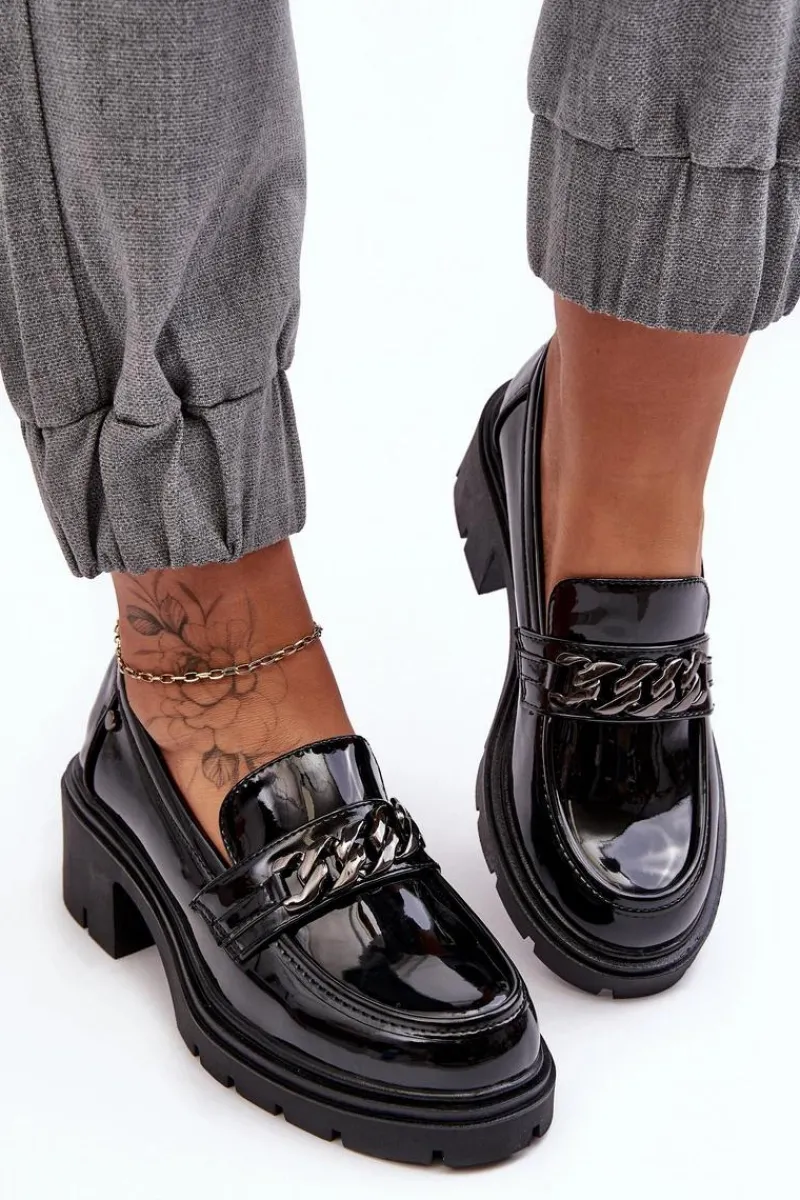 Mokasyny Damskie Lakierowane>Boto Lakierowane Damskie Półbuty Na Niskim Obcasie Czarne Blimma