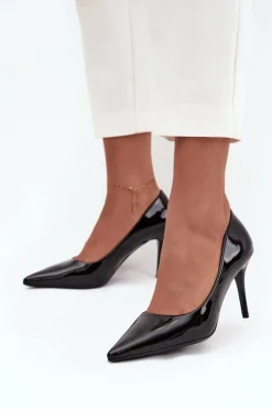 Hot Boto Lakierowane Eko Skórzane Szpilki Damskie Ze Szpiczastymi Noskami Czarne Jadira Czarny