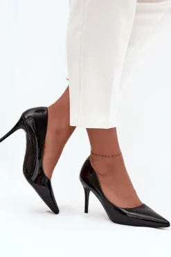 Hot Boto Lakierowane Eko Skórzane Szpilki Damskie Ze Szpiczastymi Noskami Czarne Jadira Czarny