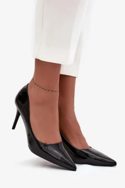 Hot Boto Lakierowane Eko Skórzane Szpilki Damskie Ze Szpiczastymi Noskami Czarne Jadira Czarny